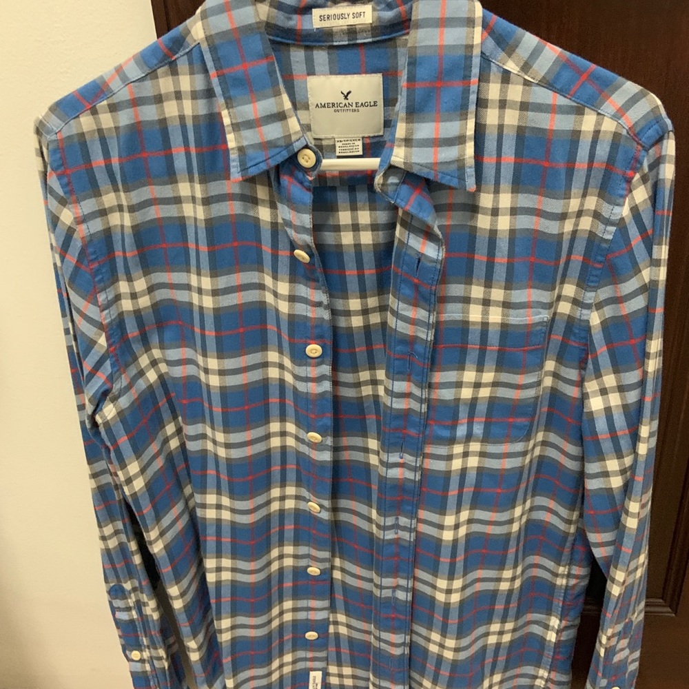 American Eagle Blue and Orange Plaid Button Down. Mens XS.